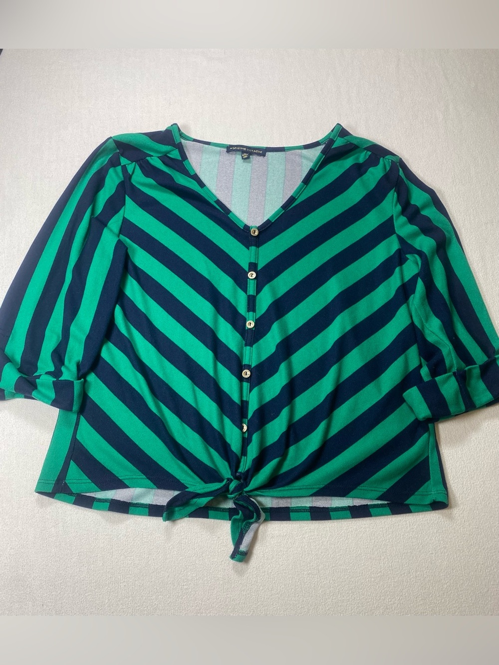 Adrienne Vittadini Green & Navy Diagonal Stripe Button-Tie Top